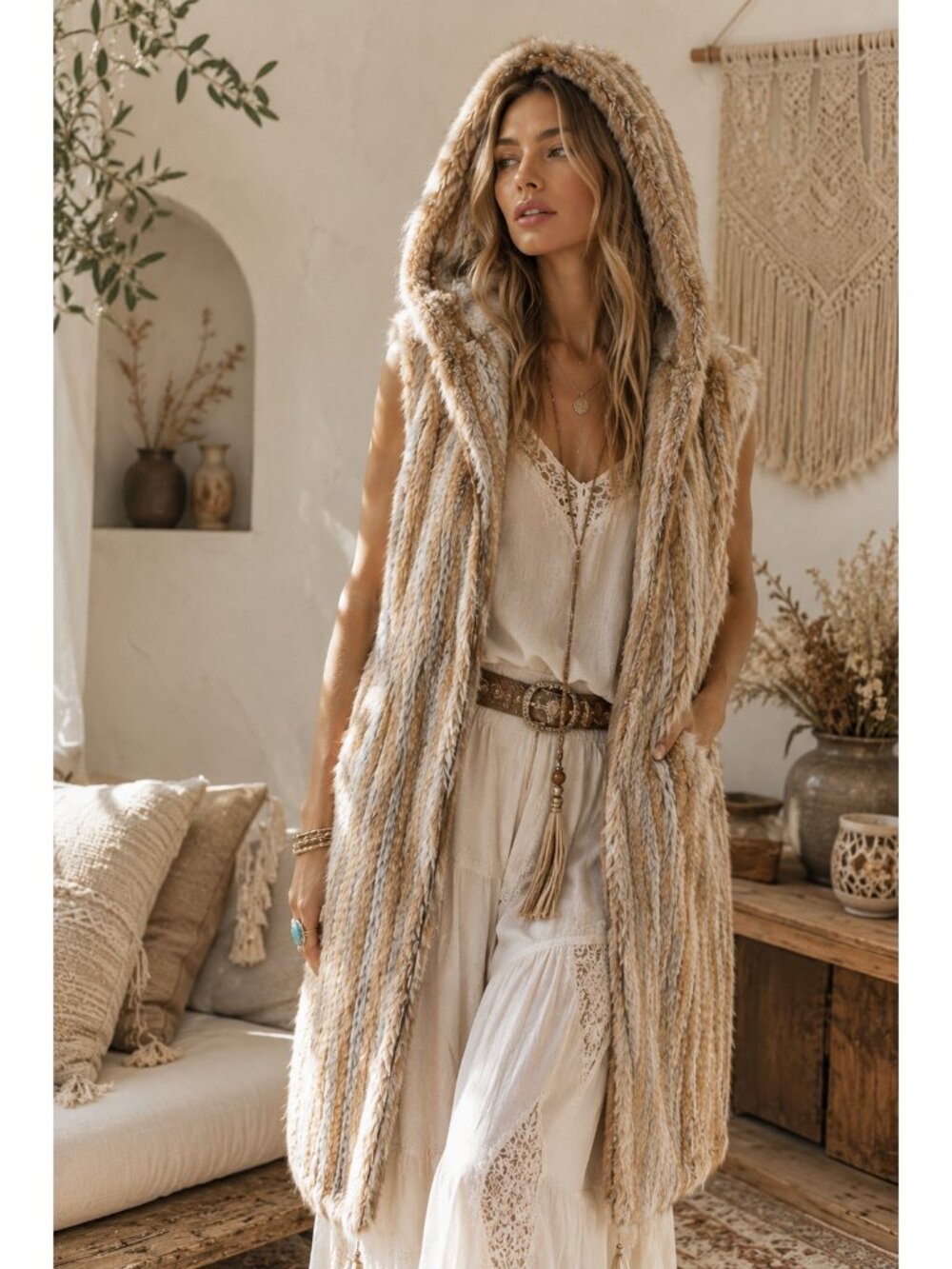 525 America Genuine Rabbit Fur Hooded Vest Women’s Long Sleeveless Coat Boho M - Picture 11 of 11